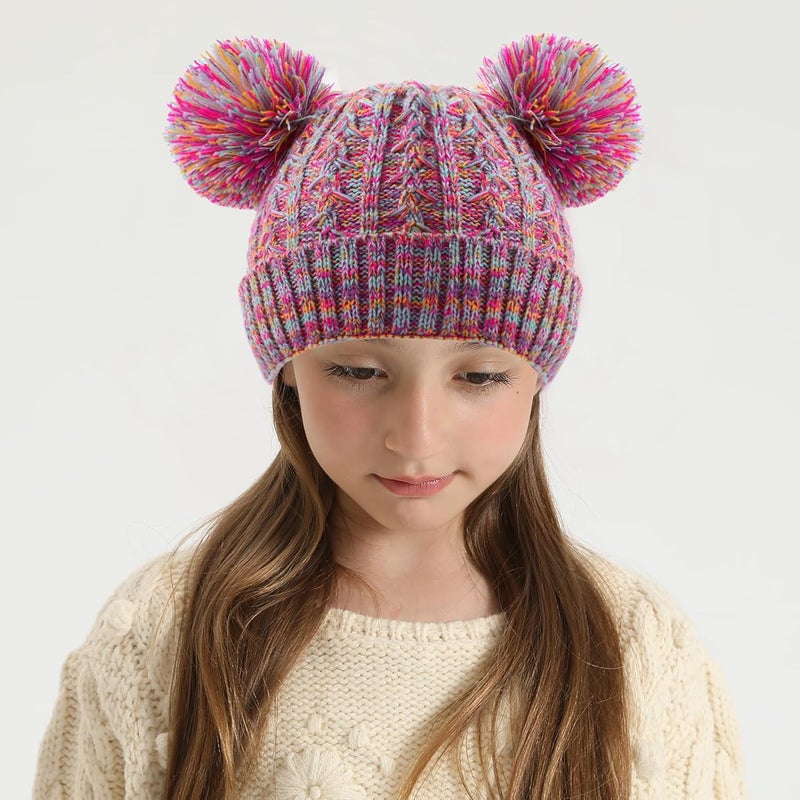 ACTLATI Kids Winter Knitted Beanie Hat Colorful Pompom Ears Ski Hat for Boy Girl(Ages 7-12) - Image 2